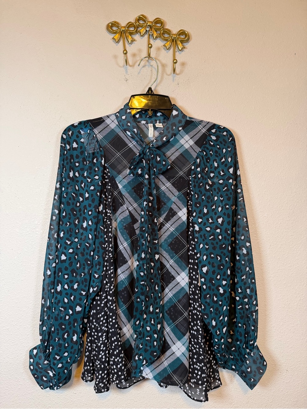 Cato Patchwork Black & Teal Plaid /Leopard Bow Blouse with long Sleeves. Size S